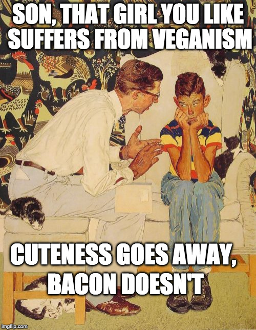 The Problem Is | SON, THAT GIRL YOU LIKE SUFFERS FROM VEGANISM; CUTENESS GOES AWAY, BACON DOESN'T | image tagged in the probelm is,the problem is,vegan,cute girl,bacon | made w/ Imgflip meme maker
