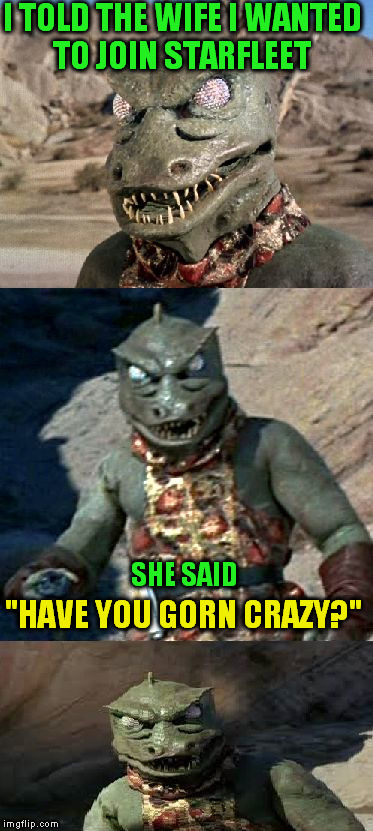 Bad Pun Gorn ( An a1508a Template) | I TOLD THE WIFE I WANTED TO JOIN STARFLEET; SHE SAID; "HAVE YOU GORN CRAZY?" | image tagged in bad pun gorn,funny meme,startrek,gorn,jokes,crazy | made w/ Imgflip meme maker