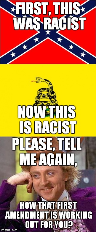 Wait, what?! | FIRST, THIS WAS RACIST; NOW THIS IS RACIST; PLEASE, TELL ME AGAIN, HOW THAT FIRST AMENDMENT IS WORKING OUT FOR YOU? | image tagged in confederate flag,gadsden flag,wonka,first amendment | made w/ Imgflip meme maker