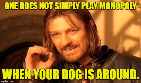 Had to delete and repost this meme (12 views) because I accidentaly used you're. | ONE DOES NOT SIMPLY PLAY MONOPOLY; WHEN YOUR DOG IS AROUND. | image tagged in memes,one does not simply,funny | made w/ Imgflip meme maker