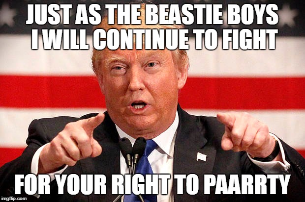 Fight for your rights | JUST AS THE BEASTIE BOYS I WILL CONTINUE TO FIGHT; FOR YOUR RIGHT TO PAARRTY | image tagged in donald trump,party hard,beastie boys | made w/ Imgflip meme maker