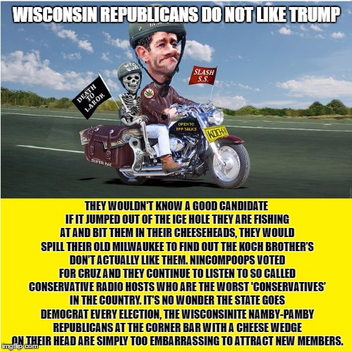 WISCONSIN REPUBLICANS DO NOT LIKE TRUMP; THEY WOULDN'T KNOW A GOOD CANDIDATE IF IT JUMPED OUT OF THE ICE HOLE THEY ARE FISHING AT AND BIT THEM IN THEIR CHEESEHEADS, THEY WOULD SPILL THEIR OLD MILWAUKEE TO FIND OUT THE KOCH BROTHER’S DON’T ACTUALLY LIKE THEM. NINCOMPOOPS VOTED FOR CRUZ AND THEY CONTINUE TO LISTEN TO SO CALLED CONSERVATIVE RADIO HOSTS WHO ARE THE WORST 'CONSERVATIVES’ IN THE COUNTRY. IT'S NO WONDER THE STATE GOES DEMOCRAT EVERY ELECTION, THE WISCONSINITE NAMBY-PAMBY REPUBLICANS AT THE CORNER BAR WITH A CHEESE WEDGE ON THEIR HEAD ARE SIMPLY TOO EMBARRASSING TO ATTRACT NEW MEMBERS. | image tagged in paul ryan,tpp,nehlen,republicans,wisconsin | made w/ Imgflip meme maker
