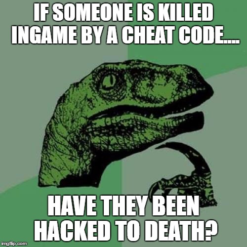 A brutal end... | IF SOMEONE IS KILLED INGAME BY A CHEAT CODE.... HAVE THEY BEEN HACKED TO DEATH? | image tagged in memes,philosoraptor | made w/ Imgflip meme maker