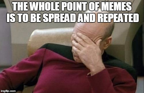 Captain Picard Facepalm Meme | THE WHOLE POINT OF MEMES IS TO BE SPREAD AND REPEATED | image tagged in memes,captain picard facepalm | made w/ Imgflip meme maker
