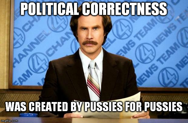 Ron Burgundy don't do PC | POLITICAL CORRECTNESS; WAS CREATED BY PUSSIES FOR PUSSIES | image tagged in anchorman | made w/ Imgflip meme maker