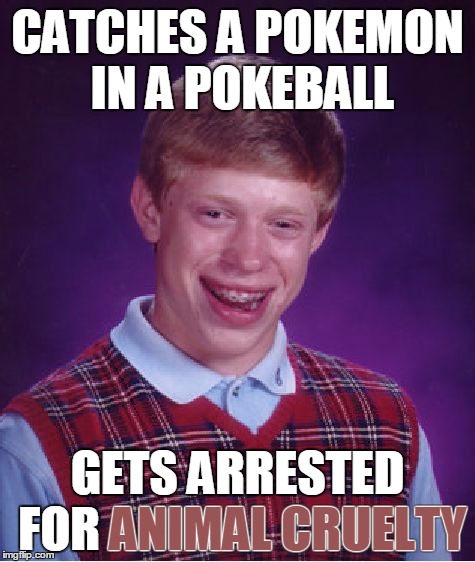 Now He Needs Pokebail | CATCHES A POKEMON IN A POKEBALL; GETS ARRESTED FOR ANIMAL CRUELTY; ANIMAL CRUELTY | image tagged in memes,bad luck brian,pokemon go,animal cruelty,augmented reality | made w/ Imgflip meme maker