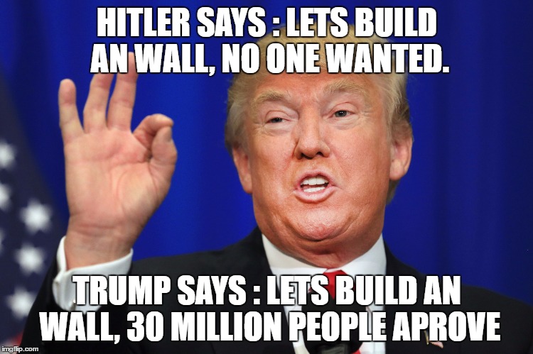 HITLER SAYS : LETS BUILD AN WALL, NO ONE WANTED. TRUMP SAYS : LETS BUILD AN WALL, 30 MILLION PEOPLE APROVE | image tagged in donald trump | made w/ Imgflip meme maker