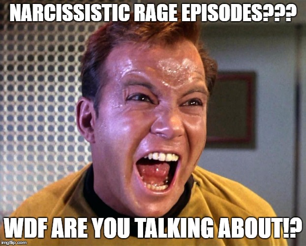 Kirk Rampage | NARCISSISTIC RAGE EPISODES??? WDF ARE YOU TALKING ABOUT!? | image tagged in captain kirk screaming | made w/ Imgflip meme maker