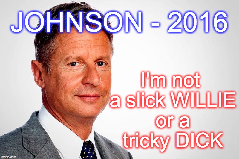 I'm not a slick WILLIE or a tricky DICK; JOHNSON - 2016 | image tagged in gary johnson feelthejohnson | made w/ Imgflip meme maker