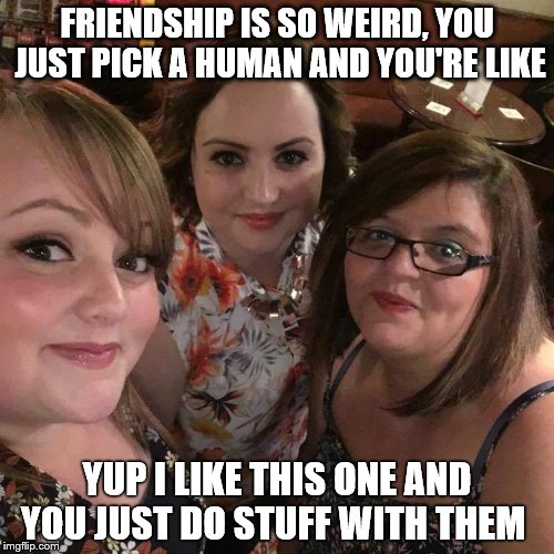 Duh! 'Friends' | FRIENDSHIP IS SO WEIRD, YOU JUST PICK A HUMAN AND YOU'RE LIKE; YUP I LIKE THIS ONE AND YOU JUST DO STUFF WITH THEM | image tagged in friends,funny,besties | made w/ Imgflip meme maker