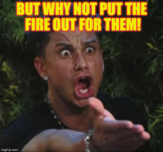 BUT WHY NOT PUT THE FIRE OUT FOR THEM! | image tagged in pauly | made w/ Imgflip meme maker