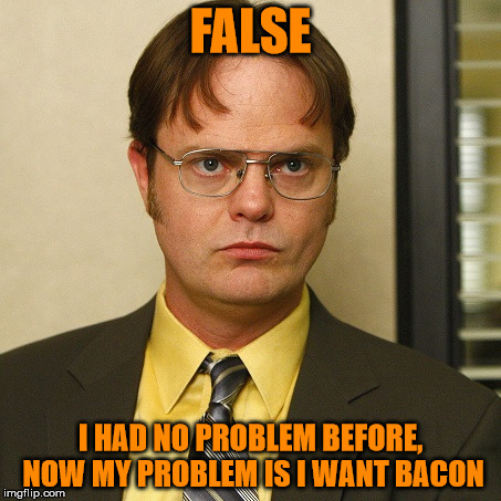 FALSE I HAD NO PROBLEM BEFORE, NOW MY PROBLEM IS I WANT BACON | image tagged in dwight false | made w/ Imgflip meme maker