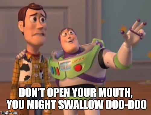 DON'T OPEN YOUR MOUTH, YOU MIGHT SWALLOW DOO-DOO | image tagged in memes,x x everywhere | made w/ Imgflip meme maker
