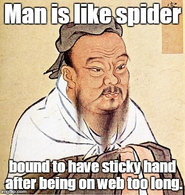 confucius | Man is like spider; bound to have sticky hand after being on web too long. | image tagged in confucius | made w/ Imgflip meme maker