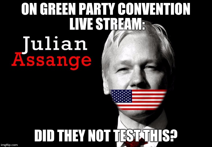 Assange Live Feed Glitch |  ON GREEN PARTY CONVENTION LIVE STREAM:; DID THEY NOT TEST THIS? | image tagged in julian assange 2016,green party | made w/ Imgflip meme maker