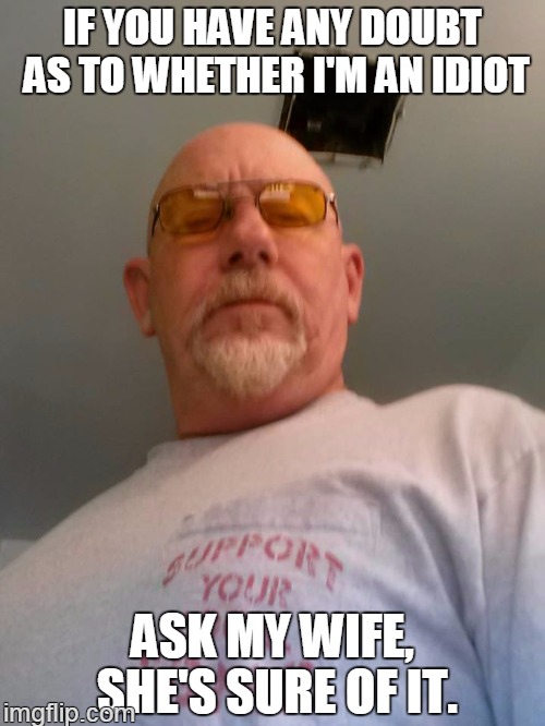 IF YOU HAVE ANY DOUBT AS TO WHETHER I'M AN IDIOT; ASK MY WIFE, SHE'S SURE OF IT. | image tagged in idiots | made w/ Imgflip meme maker