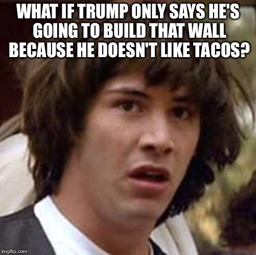 Conspiracy Keanu Meme | WHAT IF TRUMP ONLY SAYS HE'S GOING TO BUILD THAT WALL BECAUSE HE DOESN'T LIKE TACOS? | image tagged in memes,conspiracy keanu | made w/ Imgflip meme maker