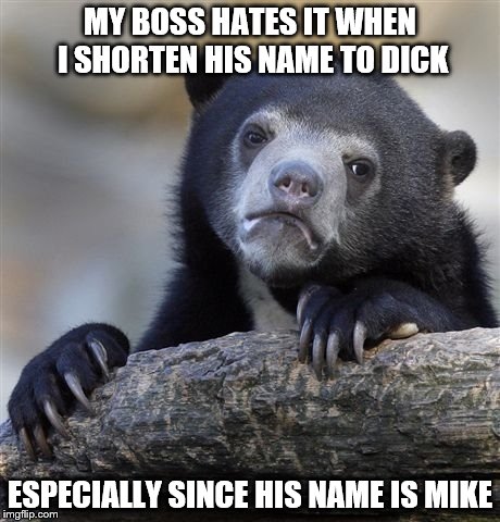 Confession Bear Meme | MY BOSS HATES IT WHEN I SHORTEN HIS NAME TO DICK; ESPECIALLY SINCE HIS NAME IS MIKE | image tagged in memes,confession bear | made w/ Imgflip meme maker