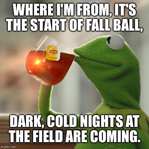 But That's None Of My Business Meme | WHERE I'M FROM, IT'S THE START OF FALL BALL, DARK, COLD NIGHTS AT THE FIELD ARE COMING. | image tagged in memes,but thats none of my business,kermit the frog | made w/ Imgflip meme maker