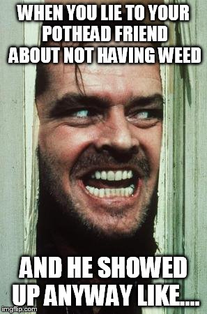 Here's Johnny | WHEN YOU LIE TO YOUR POTHEAD FRIEND ABOUT NOT HAVING WEED; AND HE SHOWED UP ANYWAY LIKE.... | image tagged in memes,heres johnny | made w/ Imgflip meme maker