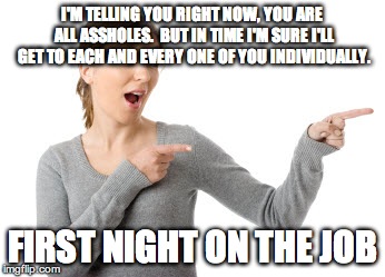 I'll Just Be Over Here Woman | I'M TELLING YOU RIGHT NOW, YOU ARE ALL ASSHOLES.  BUT IN TIME I'M SURE I'LL GET TO EACH AND EVERY ONE OF YOU INDIVIDUALLY. FIRST NIGHT ON THE JOB | image tagged in i'll just be over here woman | made w/ Imgflip meme maker