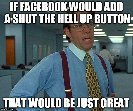 That Would Be Great Meme | IF FACEBOOK WOULD ADD A SHUT THE HELL UP BUTTON; THAT WOULD BE JUST GREAT | image tagged in memes,that would be great | made w/ Imgflip meme maker