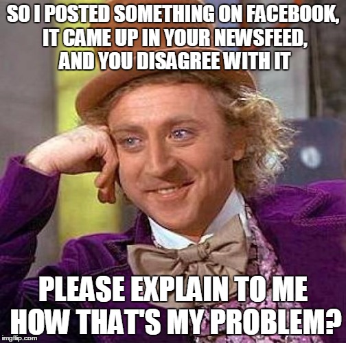 Creepy Condescending Wonka | SO I POSTED SOMETHING ON FACEBOOK, IT CAME UP IN YOUR NEWSFEED, AND YOU DISAGREE WITH IT; PLEASE EXPLAIN TO ME HOW THAT'S MY PROBLEM? | image tagged in memes,creepy condescending wonka | made w/ Imgflip meme maker