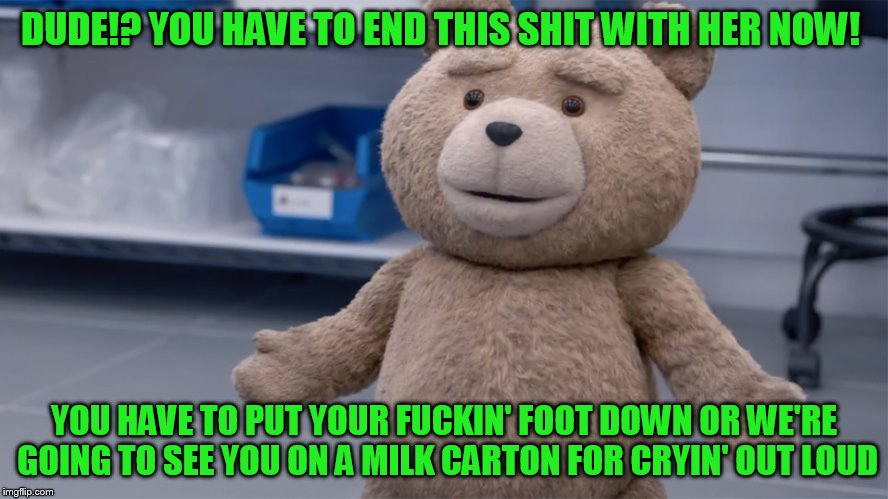 DUDE!? YOU HAVE TO END THIS SHIT WITH HER NOW! YOU HAVE TO PUT YOUR F**KIN' FOOT DOWN OR WE'RE GOING TO SEE YOU ON A MILK CARTON FOR CRYIN'  | image tagged in ted question | made w/ Imgflip meme maker