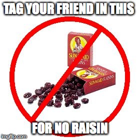 No Raisin | TAG YOUR FRIEND IN THIS; FOR NO RAISIN | image tagged in no raisin | made w/ Imgflip meme maker