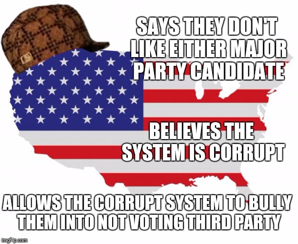 Scumbag America | SAYS THEY DON'T LIKE EITHER MAJOR PARTY CANDIDATE; BELIEVES THE SYSTEM IS CORRUPT; ALLOWS THE CORRUPT SYSTEM TO BULLY THEM INTO NOT VOTING THIRD PARTY | image tagged in scumbag america,scumbag | made w/ Imgflip meme maker