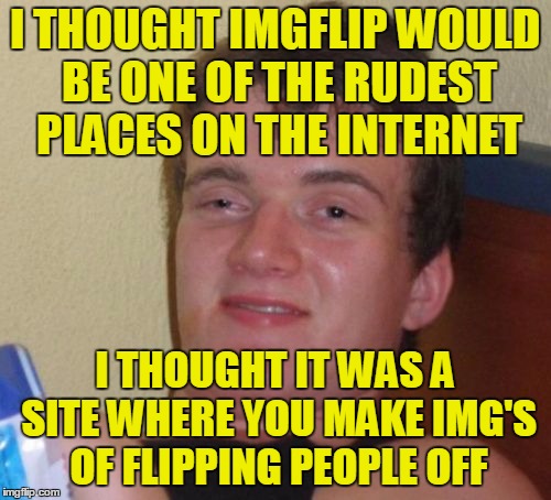 10 Guy Meme | I THOUGHT IMGFLIP WOULD BE ONE OF THE RUDEST PLACES ON THE INTERNET I THOUGHT IT WAS A SITE WHERE YOU MAKE IMG'S OF FLIPPING PEOPLE OFF | image tagged in memes,10 guy | made w/ Imgflip meme maker