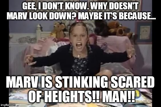 GEE, I DON'T KNOW. WHY DOESN'T MARV LOOK DOWN? MAYBE IT'S BECAUSE... MARV IS STINKING SCARED OF HEIGHTS!! MAN!! | made w/ Imgflip meme maker