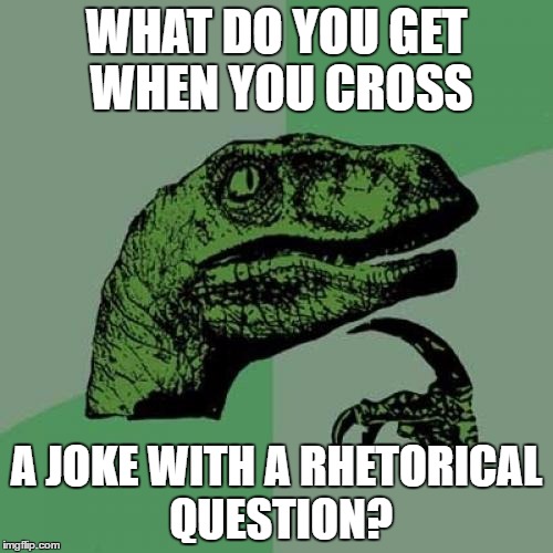 Philosoraptor Meme | WHAT DO YOU GET WHEN YOU CROSS; A JOKE WITH A RHETORICAL QUESTION? | image tagged in memes,philosoraptor | made w/ Imgflip meme maker