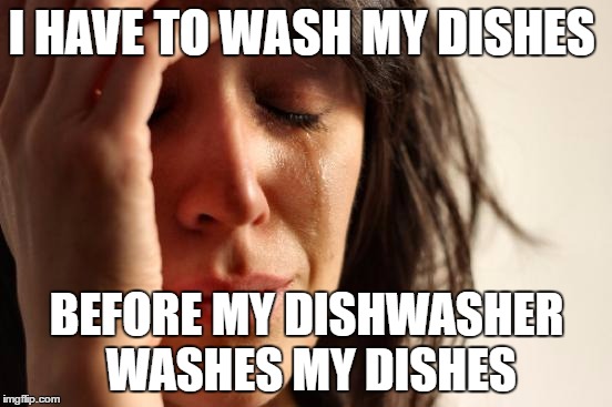 First World Problems | I HAVE TO WASH MY DISHES; BEFORE MY DISHWASHER WASHES MY DISHES | image tagged in memes,first world problems | made w/ Imgflip meme maker