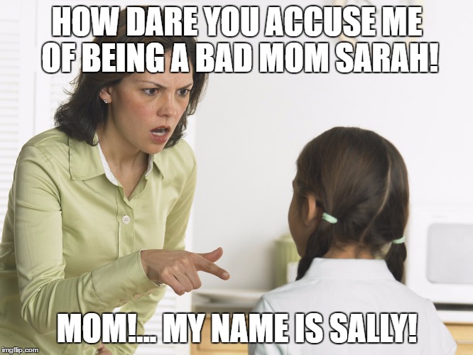 Scolding Mom | HOW DARE YOU ACCUSE ME OF BEING A BAD MOM SARAH! MOM!... MY NAME IS SALLY! | image tagged in scolding mom | made w/ Imgflip meme maker