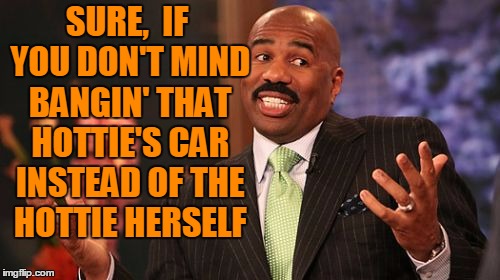 Steve Harvey Meme | SURE,  IF YOU DON'T MIND BANGIN' THAT HOTTIE'S CAR INSTEAD OF THE HOTTIE HERSELF | image tagged in memes,steve harvey | made w/ Imgflip meme maker