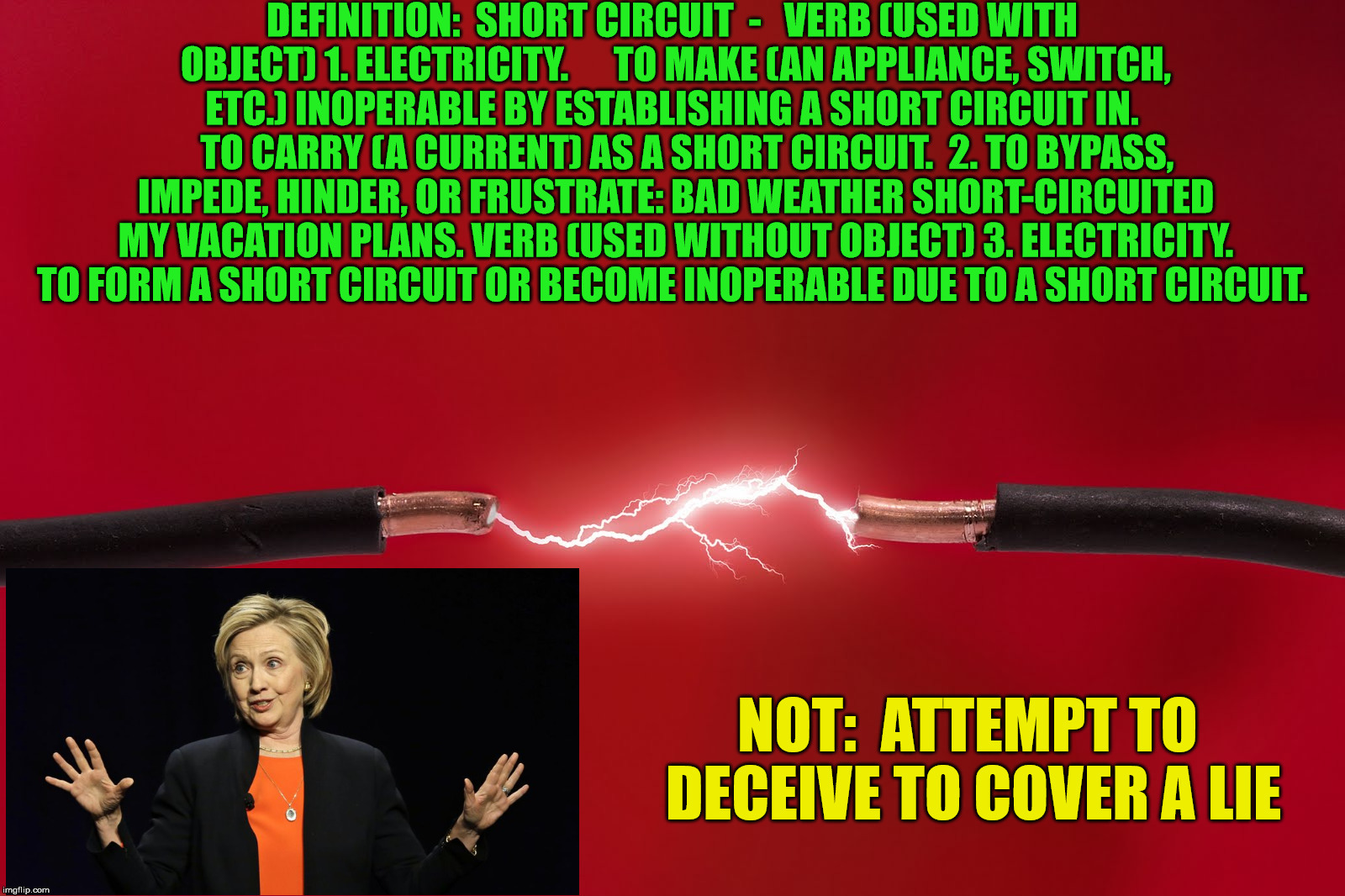 Hillary Short Circuit | DEFINITION:  SHORT CIRCUIT

-


VERB (USED WITH OBJECT)
1.
ELECTRICITY.

    TO MAKE (AN APPLIANCE, SWITCH, ETC.) INOPERABLE BY ESTABLISHING A SHORT CIRCUIT IN.
    TO CARRY (A CURRENT) AS A SHORT CIRCUIT.

2.
TO BYPASS, IMPEDE, HINDER, OR FRUSTRATE:
BAD WEATHER SHORT-CIRCUITED MY VACATION PLANS.
VERB (USED WITHOUT OBJECT)
3.
ELECTRICITY. TO FORM A SHORT CIRCUIT OR BECOME INOPERABLE DUE TO A SHORT CIRCUIT. NOT:  ATTEMPT TO DECEIVE TO COVER A LIE | image tagged in short circuit | made w/ Imgflip meme maker