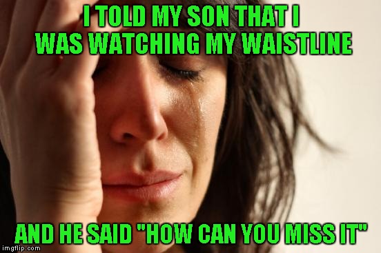 First World Problems | I TOLD MY SON THAT I WAS WATCHING MY WAISTLINE; AND HE SAID "HOW CAN YOU MISS IT" | image tagged in memes,first world problems | made w/ Imgflip meme maker