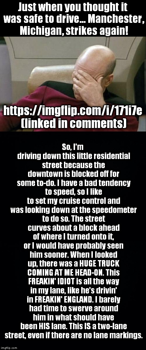 Too bad that's where I work... | Just when you thought it was safe to drive... Manchester, Michigan, strikes again! So, I'm driving down this little residential street because the downtown is blocked off for some to-do. I have a bad tendency to speed, so I like to set my cruise control and was looking down at the speedometer to do so. The street curves about a block ahead of where I turned onto it, or I would have probably seen him sooner. When I looked up, there was a HUGE TRUCK COMING AT ME HEAD-ON. This FREAKIN' IDIOT is all the way in my lane, like he's drivin' in FREAKIN' ENGLAND. I barely had time to swerve around him in what should have been HIS lane. This IS a two-lane street, even if there are no lane markings. https://imgflip.com/i/171i7e (linked in comments) | image tagged in captain picard facepalm,meme,bad drivers,idiot | made w/ Imgflip meme maker