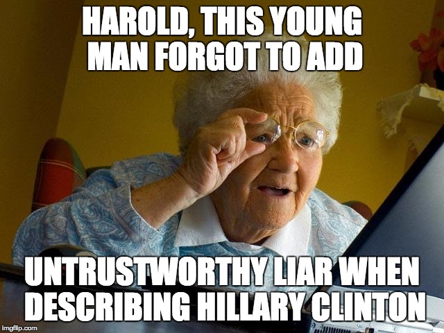 Grandma Finds The Internet Meme | HAROLD, THIS YOUNG MAN FORGOT TO ADD UNTRUSTWORTHY LIAR WHEN DESCRIBING HILLARY CLINTON | image tagged in memes,grandma finds the internet | made w/ Imgflip meme maker