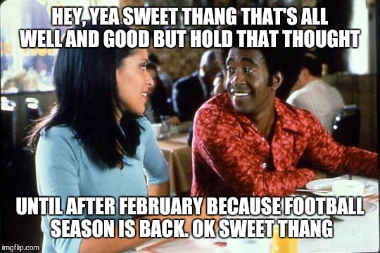 HEY, YEA SWEET THANG THAT'S ALL WELL AND GOOD BUT HOLD THAT THOUGHT; UNTIL AFTER FEBRUARY BECAUSE FOOTBALL SEASON IS BACK. OK SWEET THANG | image tagged in the ladies man | made w/ Imgflip meme maker
