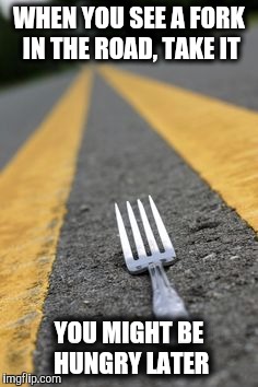 Take The Fork | WHEN YOU SEE A FORK IN THE ROAD, TAKE IT; YOU MIGHT BE HUNGRY LATER | image tagged in fork in the road,hungry,prepare yourself | made w/ Imgflip meme maker