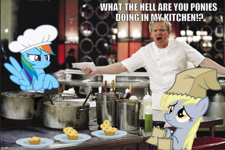 WHAT THE HELL ARE YOU PONIES DOING IN MY KITCHEN!? | image tagged in mlp hell's kitchen | made w/ Imgflip meme maker