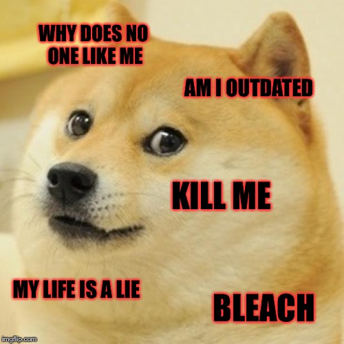 Doge Meme | WHY DOES NO ONE LIKE ME; AM I OUTDATED; KILL ME; MY LIFE IS A LIE; BLEACH | image tagged in memes,doge | made w/ Imgflip meme maker