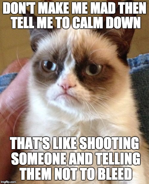 Grumpy Cat Meme | DON'T MAKE ME MAD THEN TELL ME TO CALM DOWN; THAT'S LIKE SHOOTING SOMEONE AND TELLING THEM NOT TO BLEED | image tagged in memes,grumpy cat | made w/ Imgflip meme maker