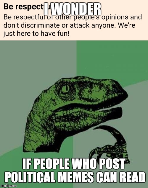 Seriously. Wtf. | I WONDER; IF PEOPLE WHO POST POLITICAL MEMES CAN READ | image tagged in political meme,philosoraptor | made w/ Imgflip meme maker