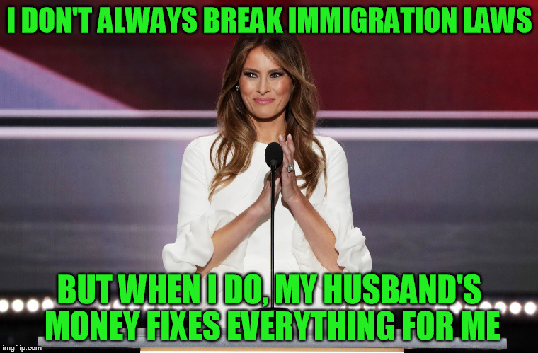 Melania Trump | I DON'T ALWAYS BREAK IMMIGRATION LAWS; BUT WHEN I DO, MY HUSBAND'S MONEY FIXES EVERYTHING FOR ME | image tagged in melania trump,trump,illegal immigration,fraud,illegal aliens | made w/ Imgflip meme maker