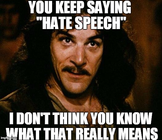 Inigo Montoya Meme | YOU KEEP SAYING "HATE SPEECH"; I DON'T THINK YOU KNOW WHAT THAT REALLY MEANS | image tagged in memes,inigo montoya | made w/ Imgflip meme maker