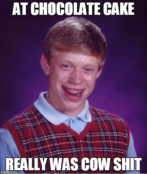 Bad Luck Brian | AT CHOCOLATE CAKE; REALLY WAS COW SHIT | image tagged in memes,bad luck brian | made w/ Imgflip meme maker