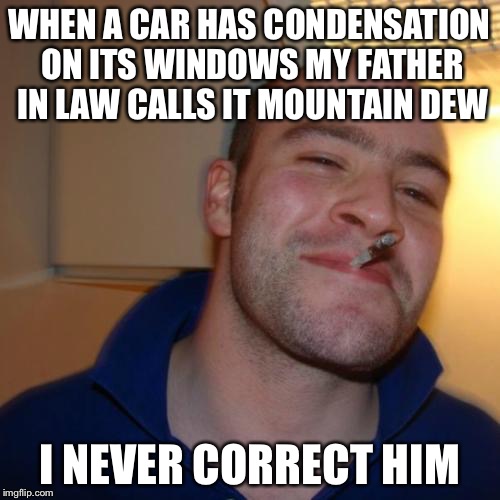 Good Guy Greg | WHEN A CAR HAS CONDENSATION ON ITS WINDOWS MY FATHER IN LAW CALLS IT MOUNTAIN DEW; I NEVER CORRECT HIM | image tagged in memes,good guy greg | made w/ Imgflip meme maker
